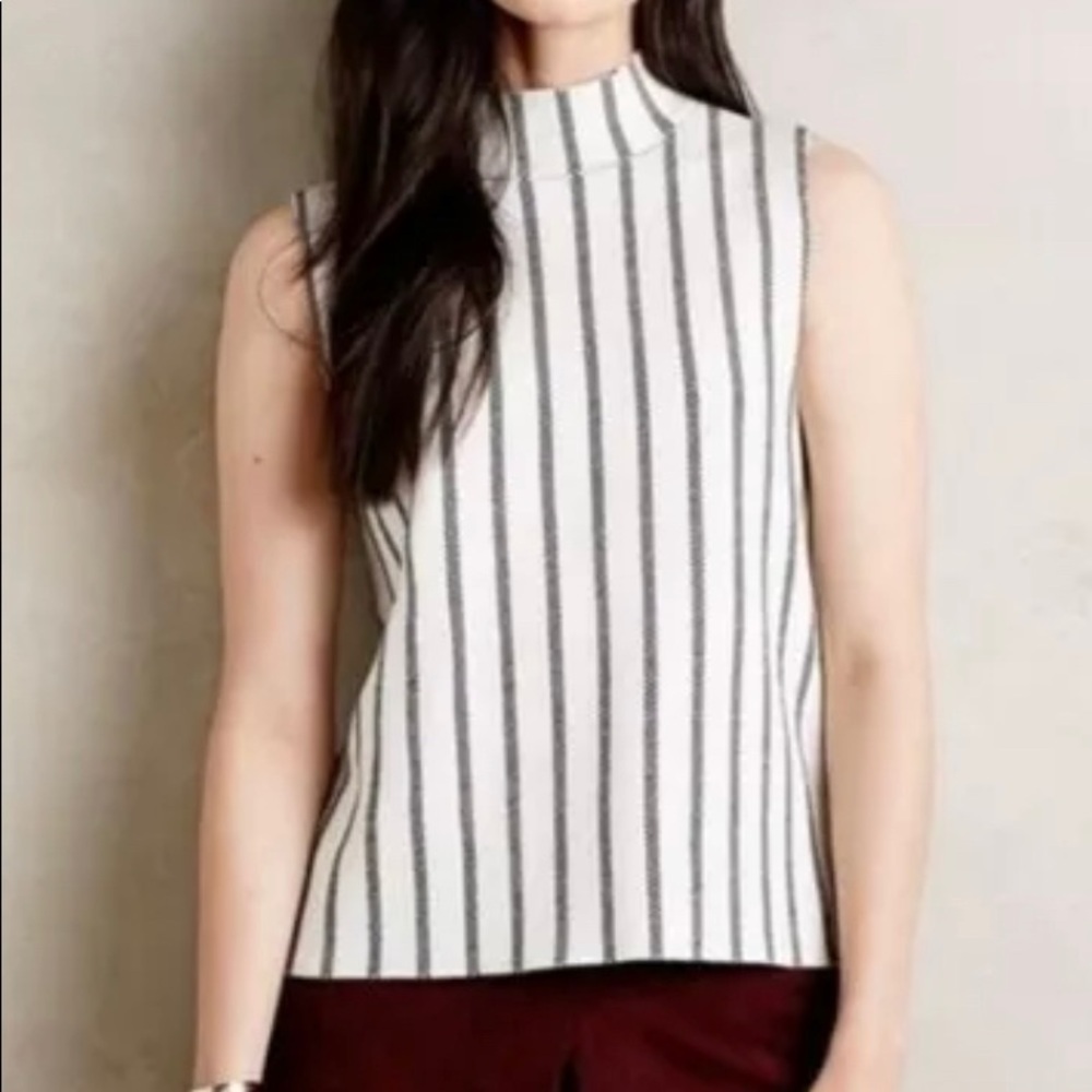 Anthropologie MOTH Striped Mock Neck sleeveless Knit Top white black small